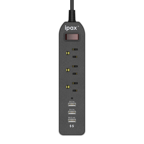 IPAX Power A3 Black Surge Protector Power Strip with 3 USB Ports ( 3 Grounded Outlets + 3 USB Ports)