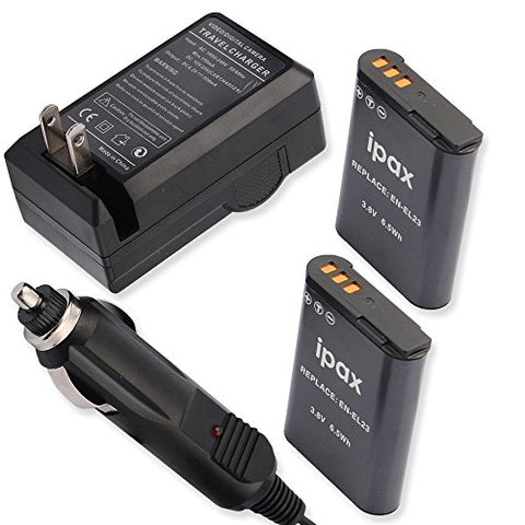 IPAX® Two Battery + Home Wall Charger + Car Plug Kit for Nikon EN-EL23 ENEL23