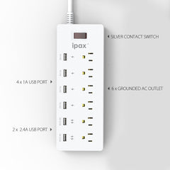 IPAX Power A6 White Surge Protector Power Strip with 6 USB Ports (6 Grounded Outlets + 6 USB Ports) - ipax store