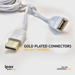 15 Ft Extra Long IPAX Gold Plated USB 2.0 Extension Cable - ipax store
