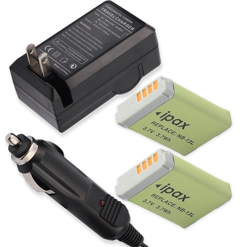 IPAX® Two Battery + Home Wall Charger + Car Plug Kit for Canon NB-13L NB13L
