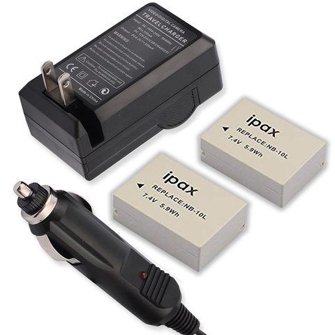 IPAX® Two Battery + Home Wall Charger + Car Plug Kit for Canon NB-10L NB10L