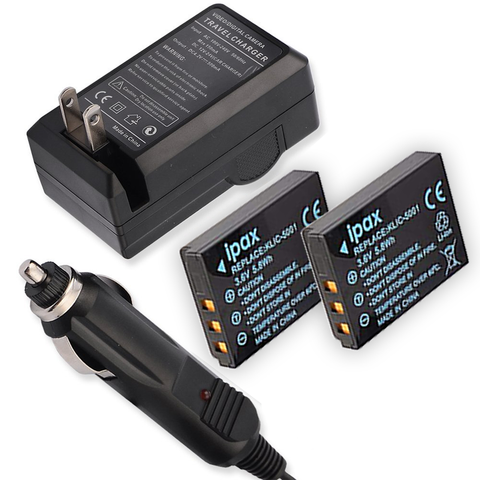 IPAX® Two Battery + Home Wall Charger + Car Plug Kit for Nikon KLIC-5001 KLIC5001