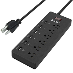 IPAX Power A6 Black Surge Protector Power Strip with 6 USB Ports (6 Grounded Outlets + 6 USB Ports)
