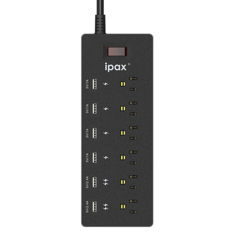 IPAX Power A6 Black Surge Protector Power Strip with 6 USB Ports (6 Grounded Outlets + 6 USB Ports)
